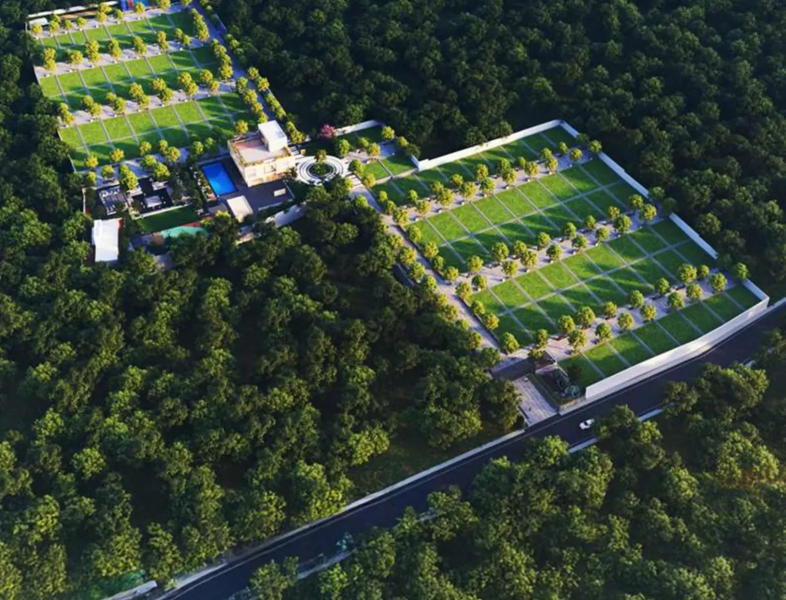 Aerial render of Urbanize Parks Ridge plotted layout with tree-lined roads, clubhouse and pool surrounded by greenery