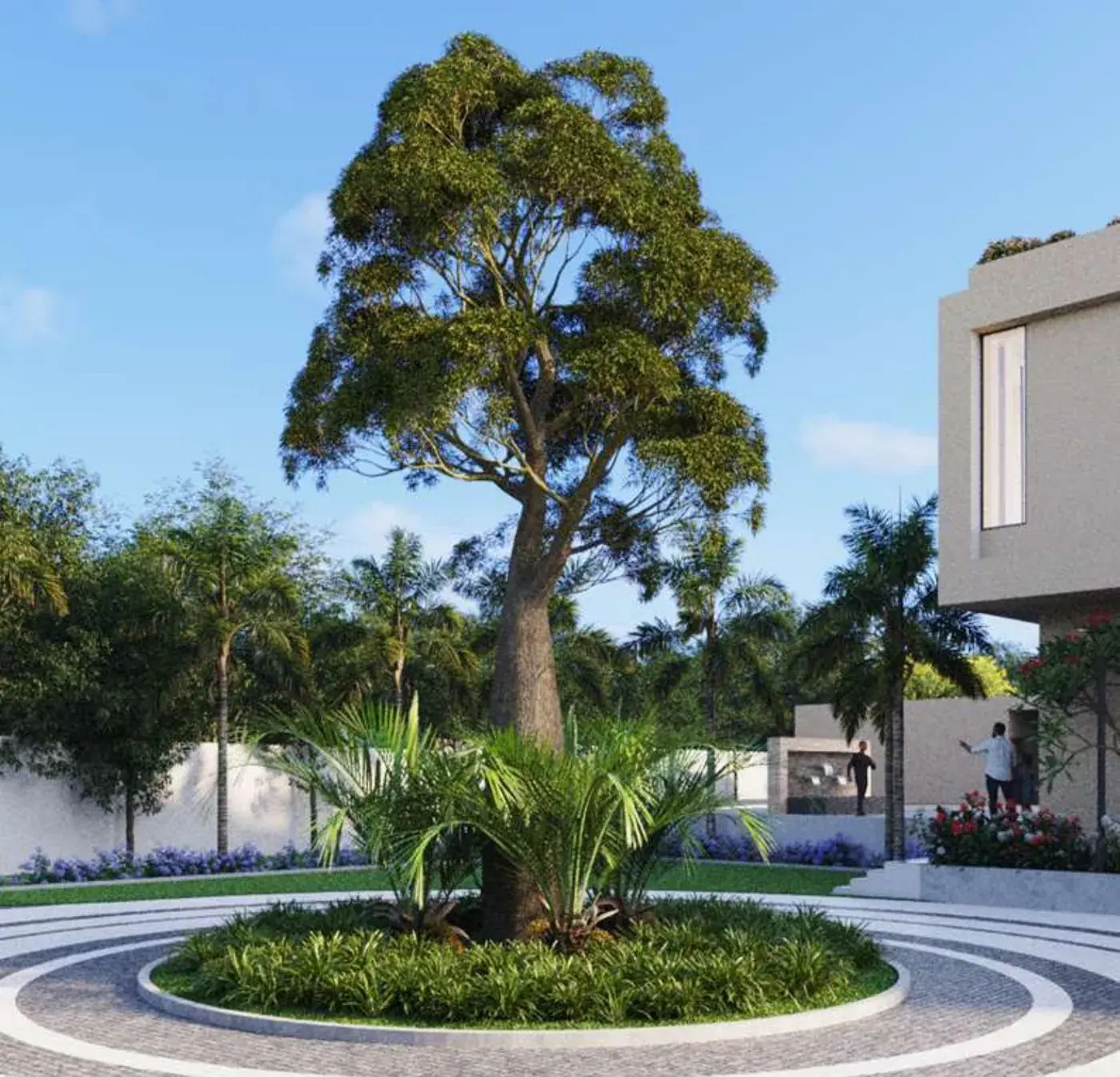 Render of the central roundabout with a large specimen tree and patterned paving near the clubhouse