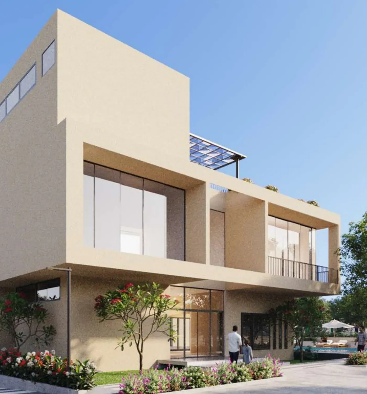 Render of the two-storey Urbanize Parks Ridge clubhouse with large glass windows and landscaped forecourt