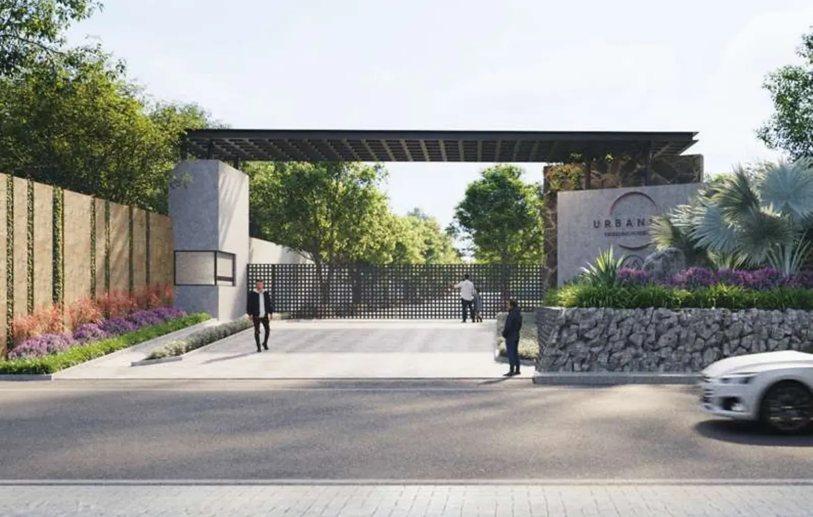 Render of the Urbanize Parks Ridge main entrance gate with security cabin and landscaped boundary wall