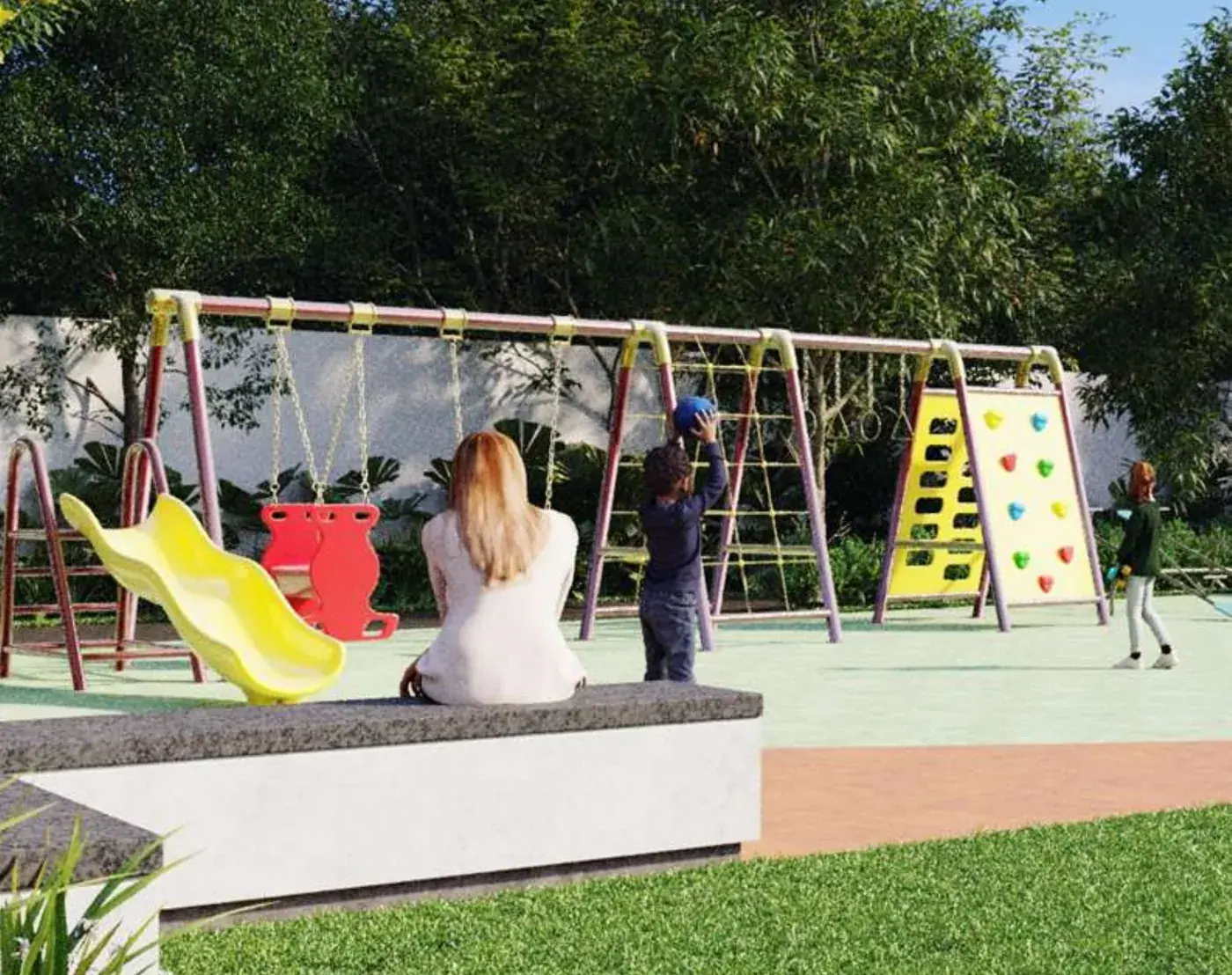 Render of the children’s play area with swings, slide and climbing wall beside a lawn
