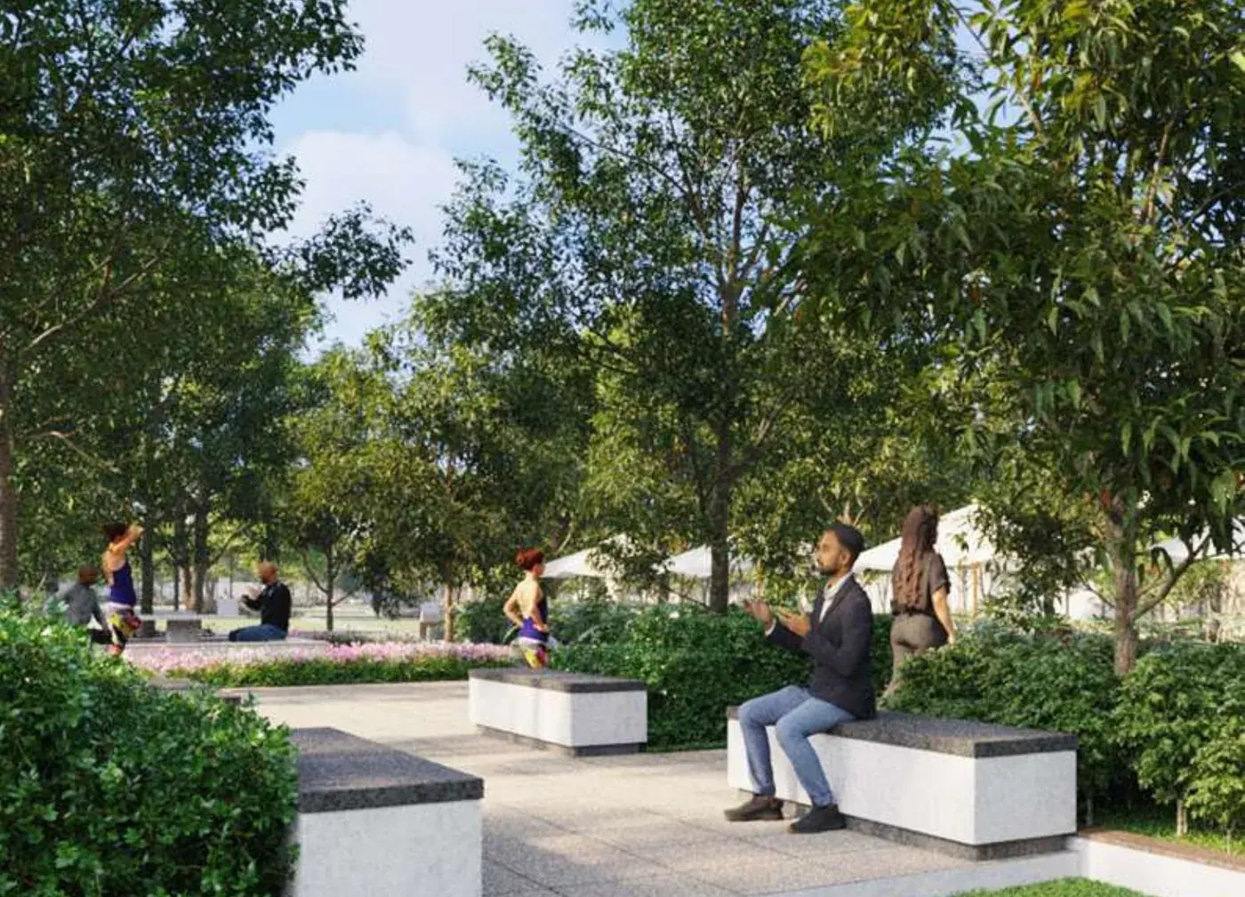 Render of a landscaped seating plaza with trees and benches at Urbanize Parks Ridge