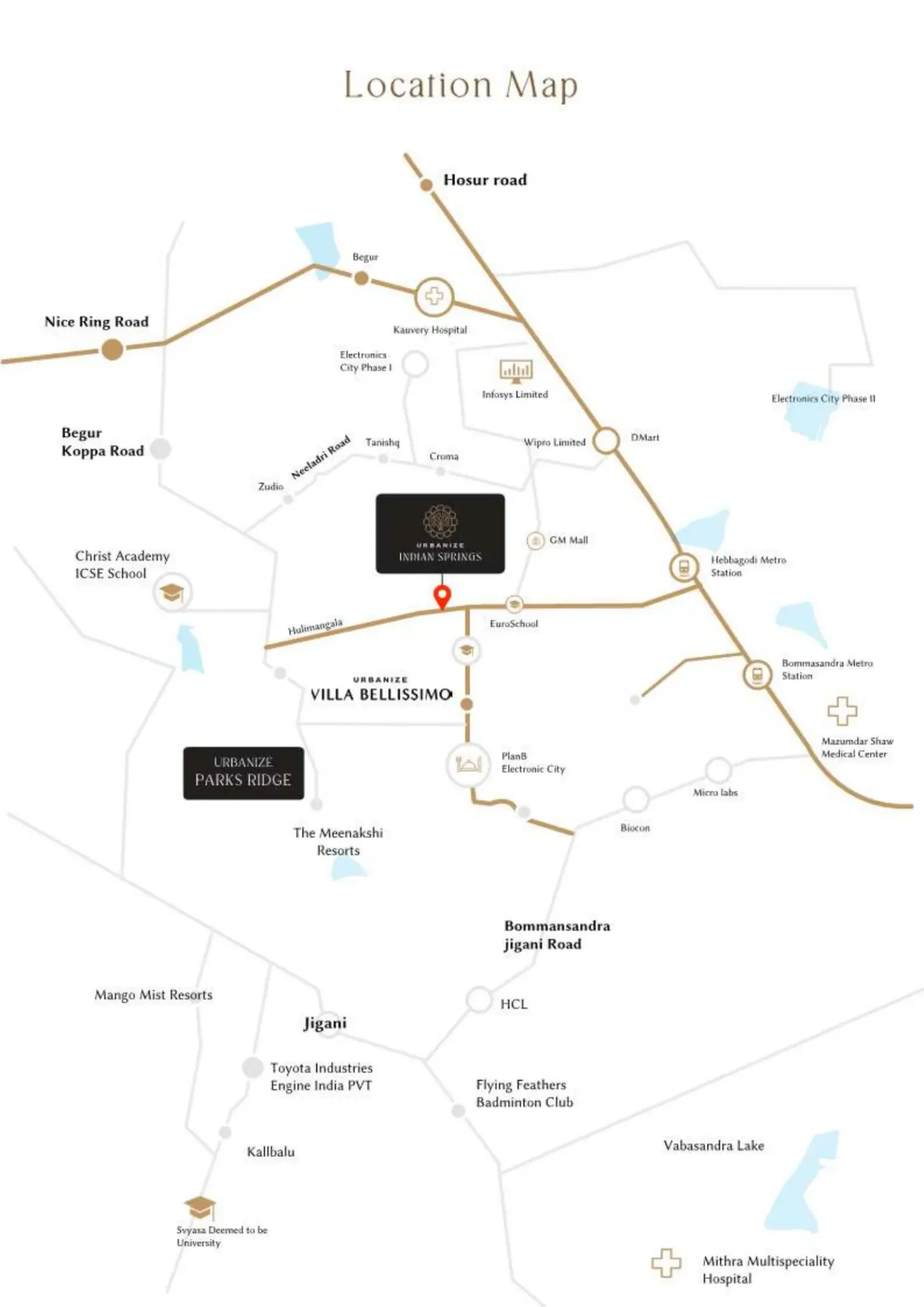 Location map showing Urbanize Parks Ridge near Hulimangala with Hosur Road, NICE Road, Electronic City Phase 1, Infosys, Biocon and Hebbagodi Metro Station