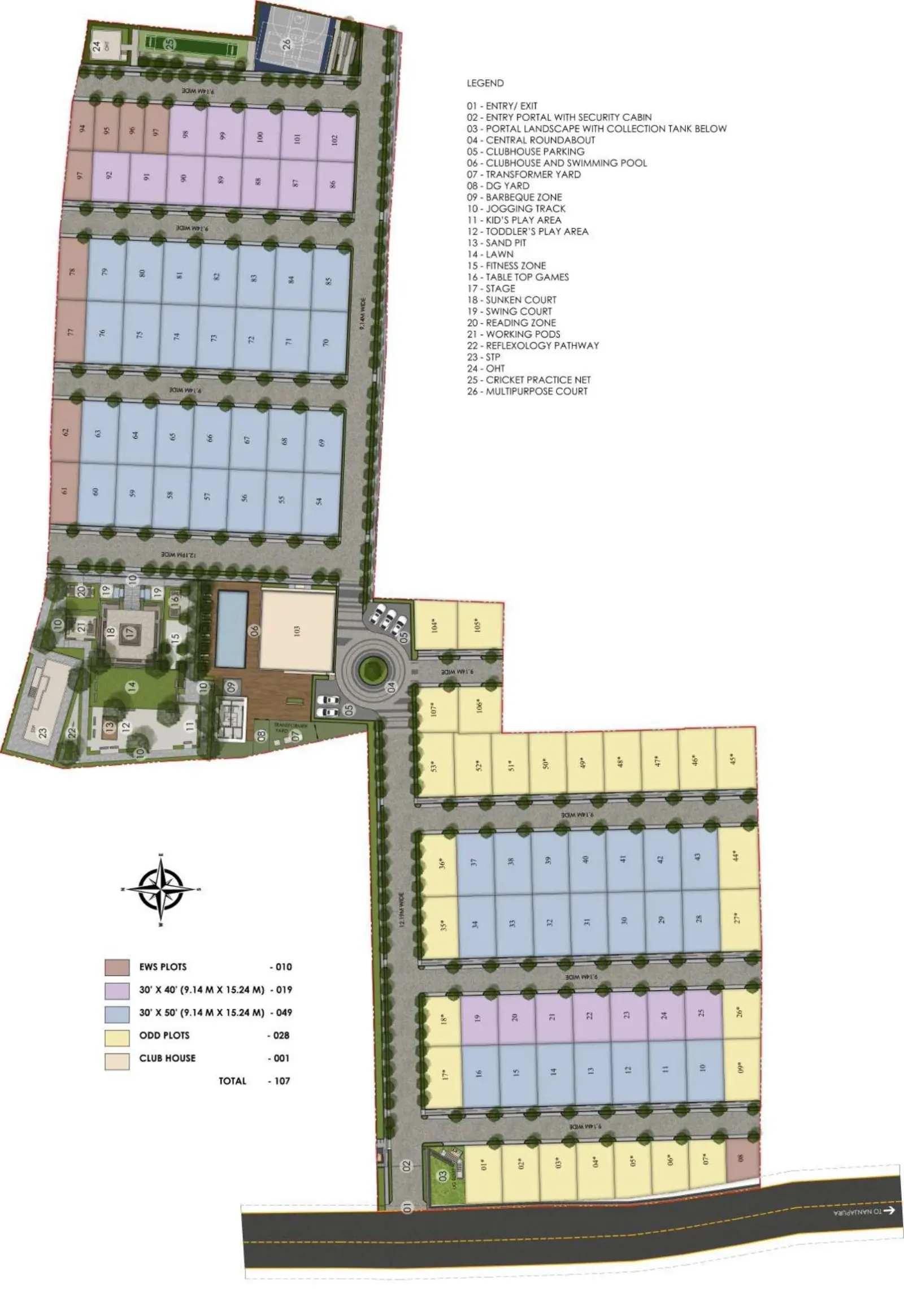 Urbanize Parks Ridge master plan showing numbered plots, 9 m and 12 m roads, clubhouse with swimming pool, play areas and entry with security cabin