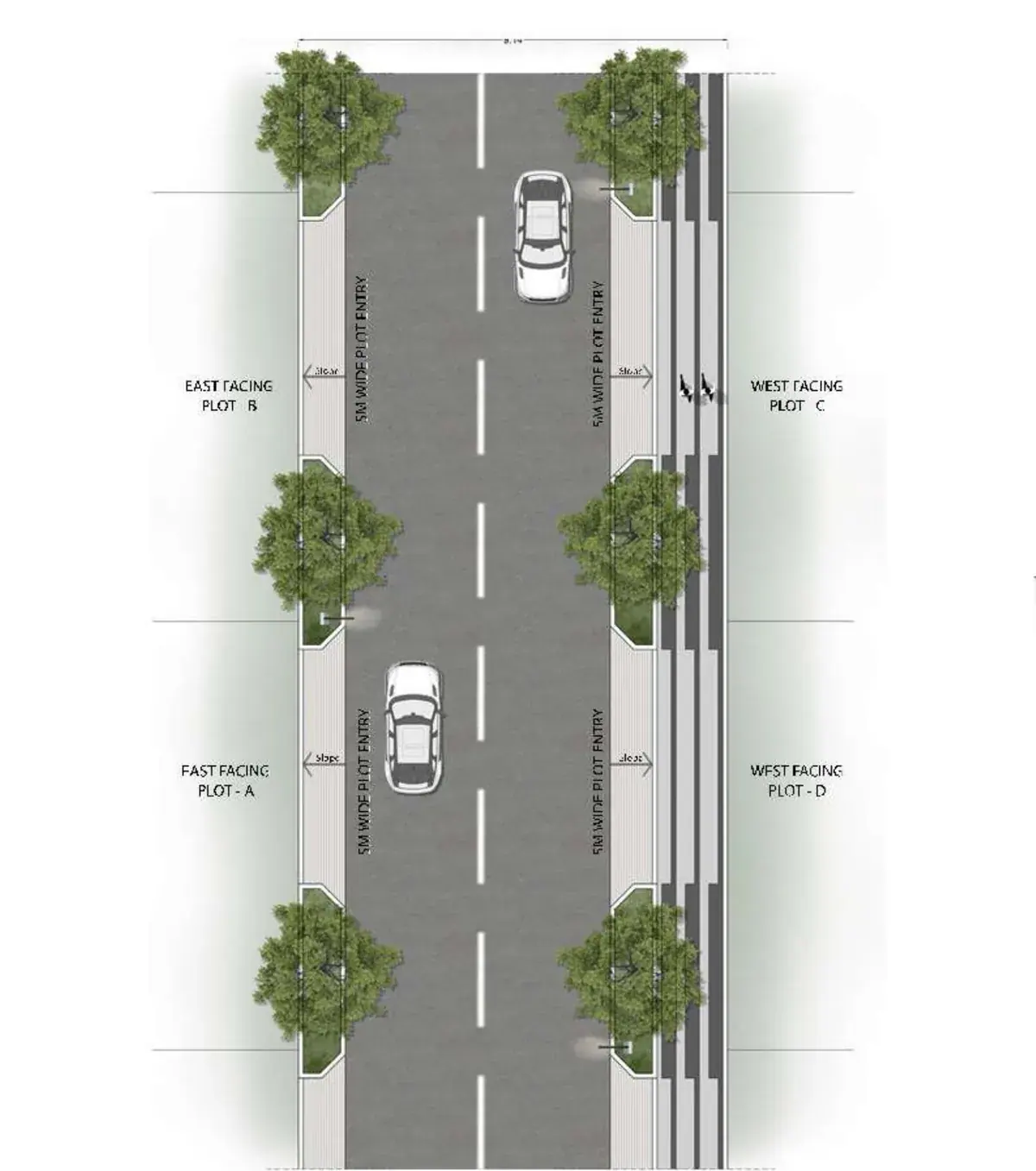 Plan view of a 9 m road showing 5 m wide plot entries to east- and west-facing plots with avenue trees