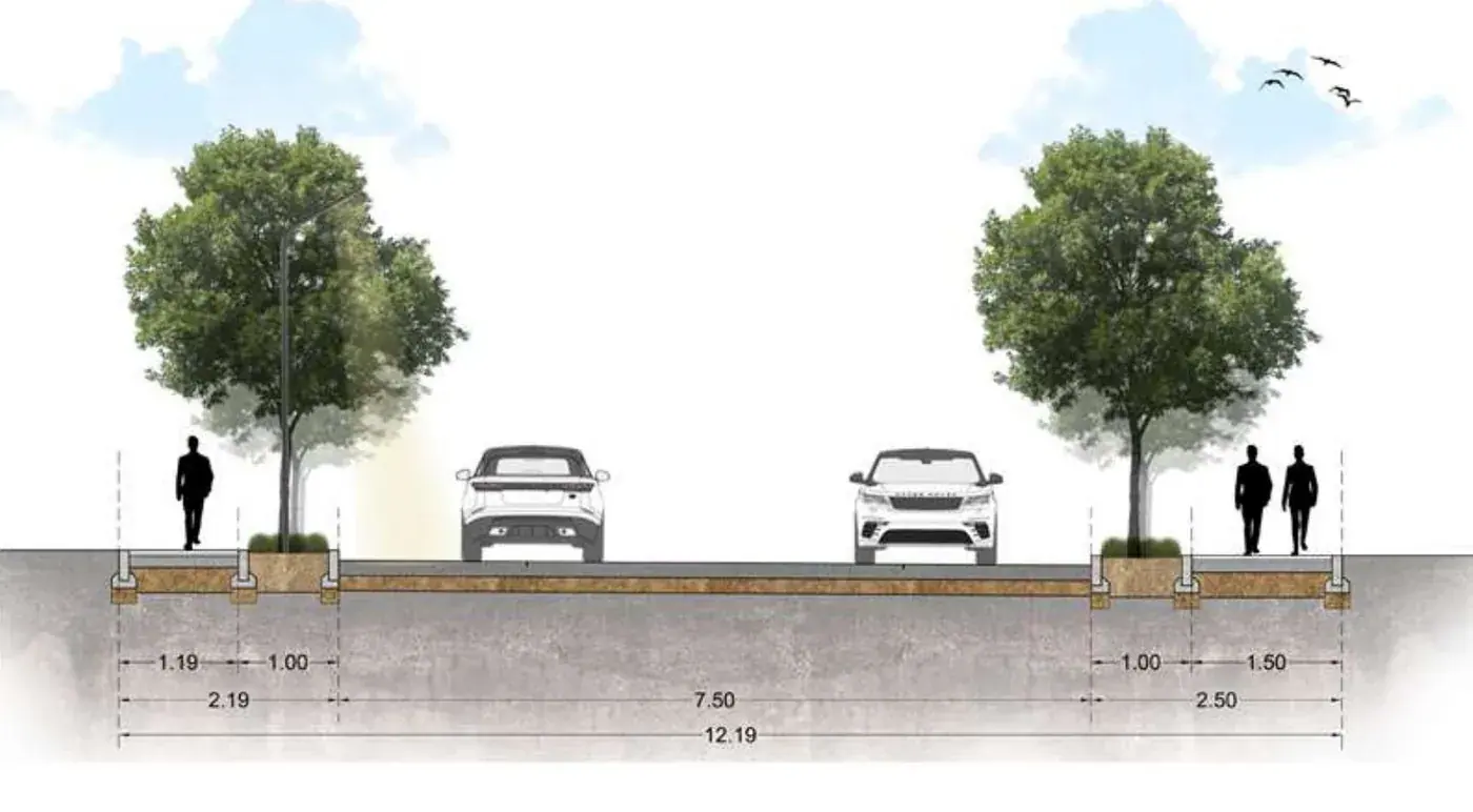 Cross-section of a 12.19 m road with 7.5 m carriageway, tree planters and footpaths on both sides