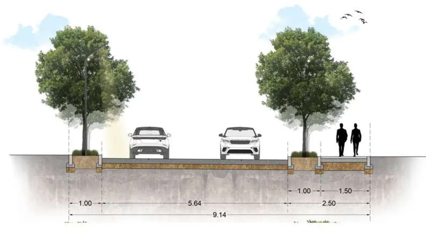 Cross-section of a 9.14 m road with 5.64 m carriageway, tree planters and 1.5 m footpath