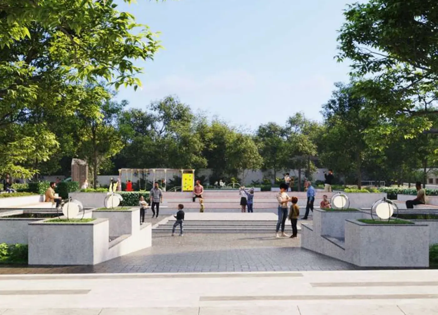 Render of the sunken court and stage area with steps, planters and residents gathering